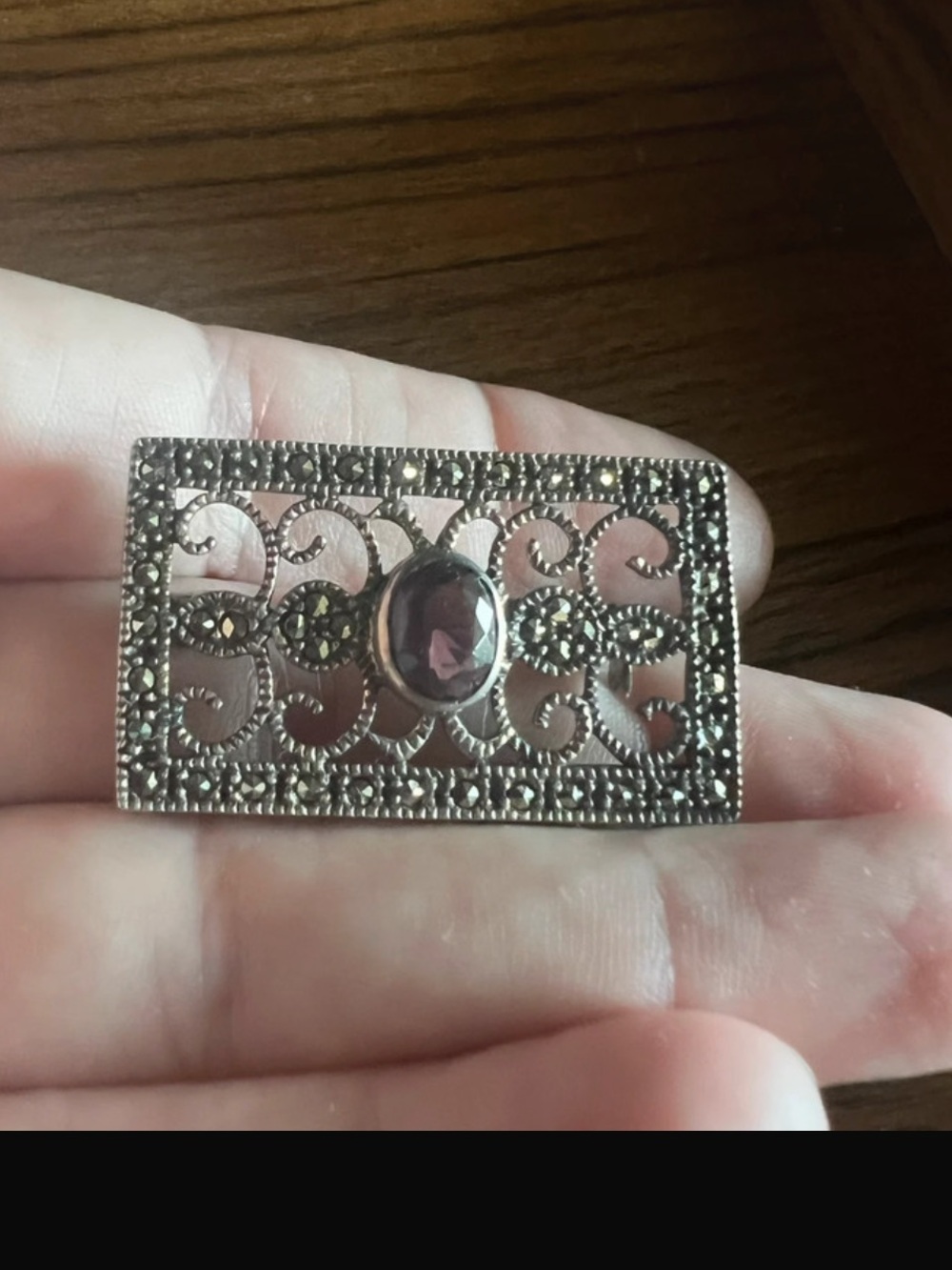 Vintage 925 Art Deco Brooch Pin Amethyst & Marcasite Sterling Silver - Picture 8 of 8